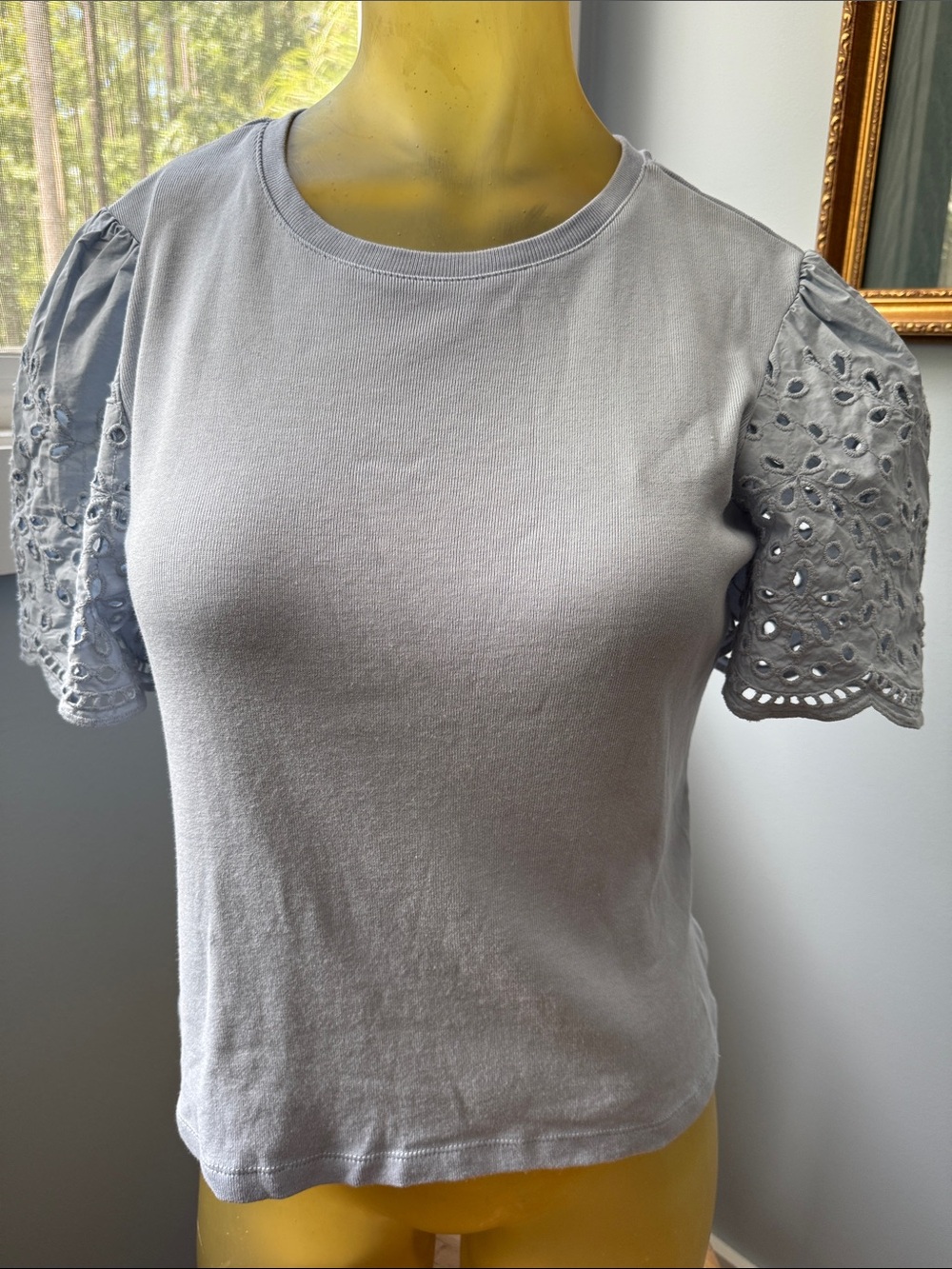 Philosophy Light Blue Gray Eyelet Puff Sleeve Tee